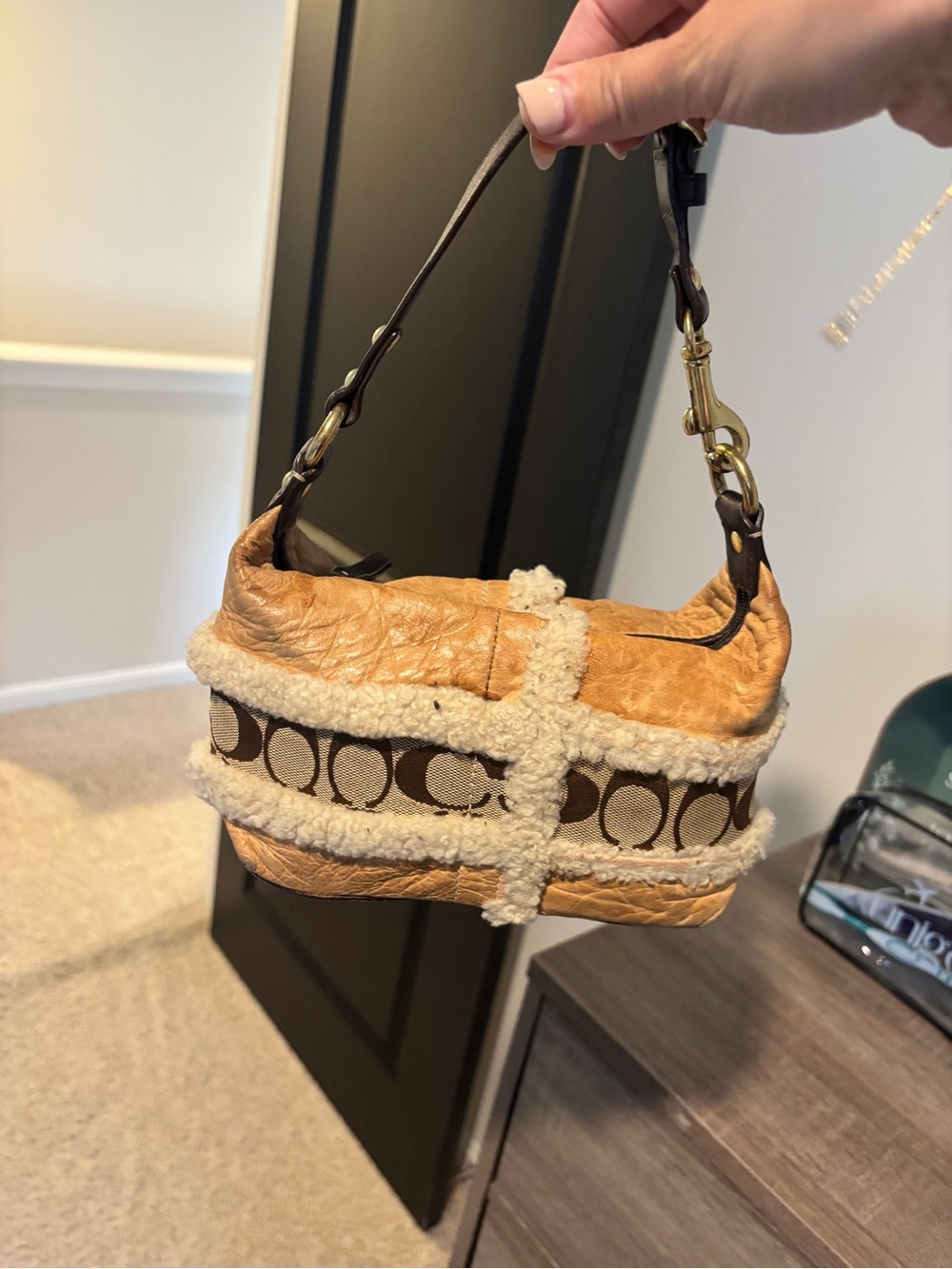 Coach Tan Leather Mini Hobo with Cream Shearling & Brown Signature Stripe